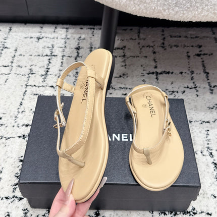 CHANEL 26S THONG SANDALS IN BEIGE CALFSKIN WITH GOLD HARDWARE