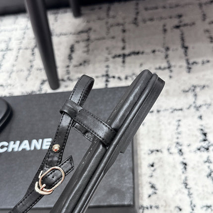 CHANEL 26S THONG SANDALS IN BLACK CALFSKIN WITH GOLD HARDWARE