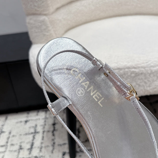 CHANEL 26S THONG SANDALS IN SILVER CALFSKIN WITH GOLD HARDWARE