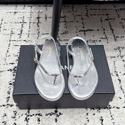 CHANEL 26S THONG SANDALS IN SILVER CALFSKIN WITH GOLD HARDWARE