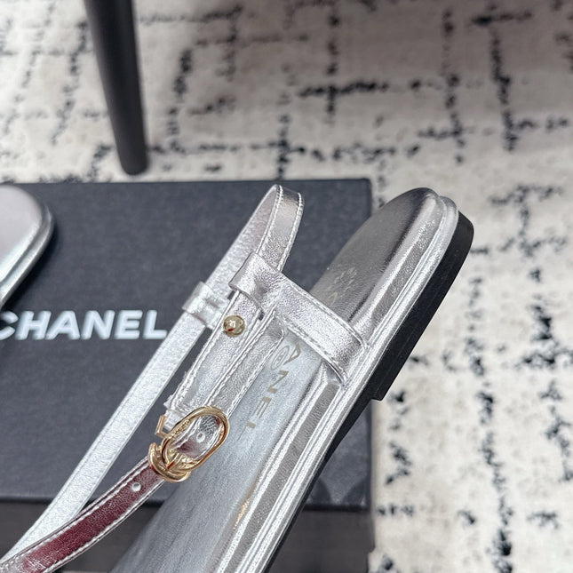 CHANEL 26S THONG SANDALS IN SILVER CALFSKIN WITH GOLD HARDWARE