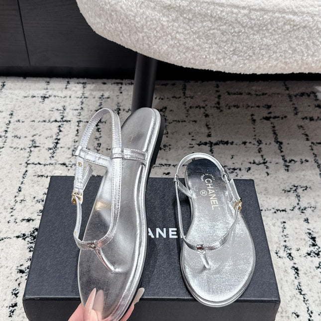 CHANEL 26S THONG SANDALS IN SILVER CALFSKIN WITH GOLD HARDWARE