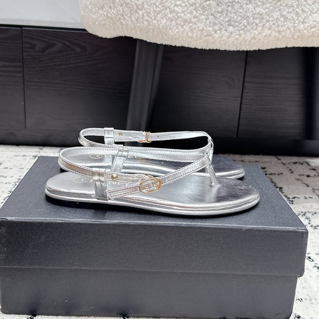 CHANEL 26S THONG SANDALS IN SILVER CALFSKIN WITH GOLD HARDWARE