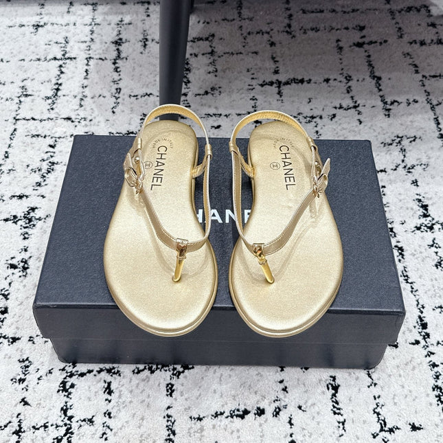 CHANEL 26S THONG SANDALS IN GOLD CALFSKIN WITH GOLD HARDWARE
