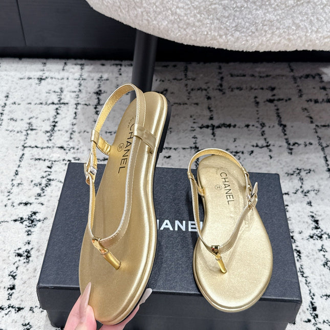 CHANEL 26S THONG SANDALS IN GOLD CALFSKIN WITH GOLD HARDWARE