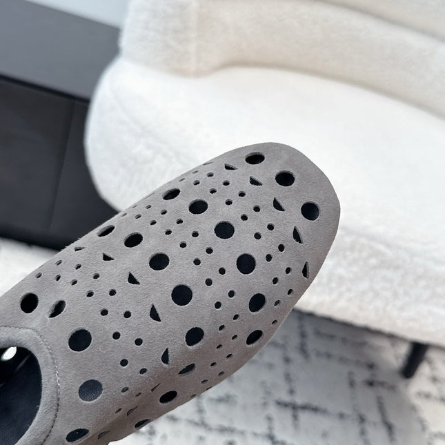 ALAIA 26S FLAT SLIP-ONS IN GREY SUEDE WITH OPENWORK PATTERN