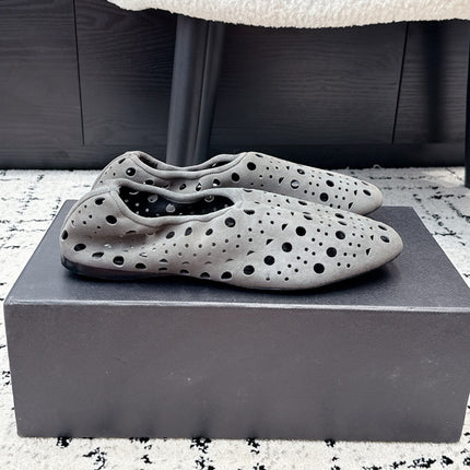 ALAIA 26S FLAT SLIP-ONS IN GREY SUEDE WITH OPENWORK PATTERN