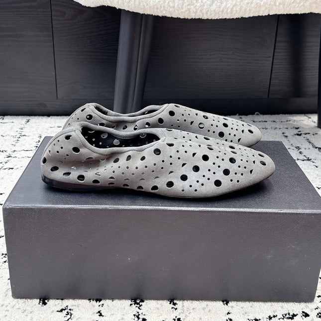 ALAIA 26S FLAT SLIP-ONS IN GREY SUEDE WITH OPENWORK PATTERN
