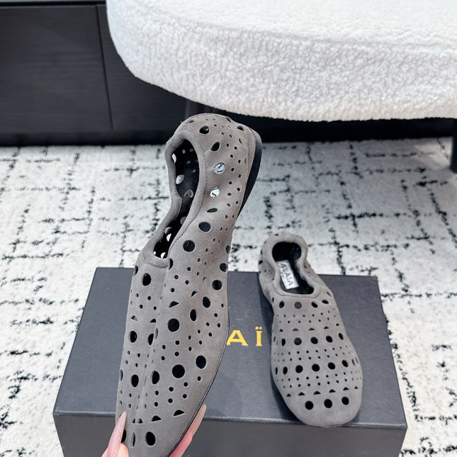 ALAIA 26S FLAT SLIP-ONS IN GREY SUEDE WITH OPENWORK PATTERN