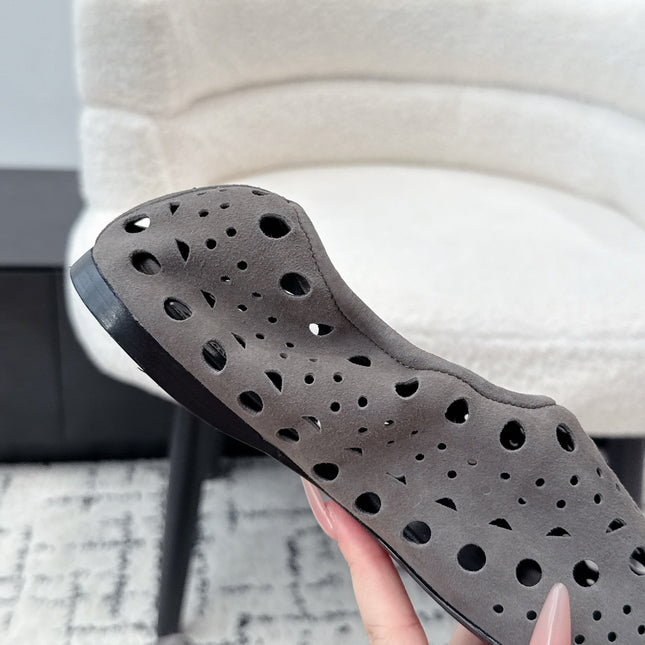 ALAIA 26S FLAT SLIP-ONS IN GREY SUEDE WITH OPENWORK PATTERN