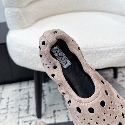 ALAIA 26S FLAT SLIP-ONS IN NUDE PINK SUEDE WITH OPENWORK PATTERN