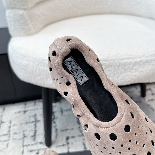 ALAIA 26S FLAT SLIP-ONS IN NUDE PINK SUEDE WITH OPENWORK PATTERN