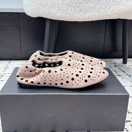 ALAIA 26S FLAT SLIP-ONS IN NUDE PINK SUEDE WITH OPENWORK PATTERN