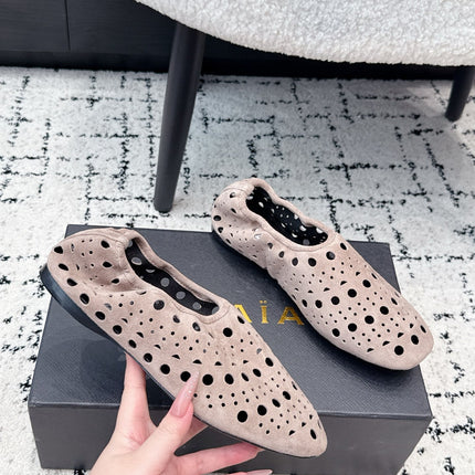 ALAIA 26S FLAT SLIP-ONS IN NUDE PINK SUEDE WITH OPENWORK PATTERN