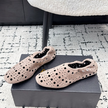 ALAIA 26S FLAT SLIP-ONS IN NUDE PINK SUEDE WITH OPENWORK PATTERN