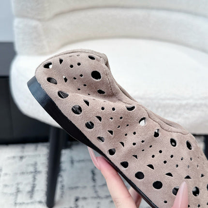 ALAIA 26S FLAT SLIP-ONS IN NUDE PINK SUEDE WITH OPENWORK PATTERN