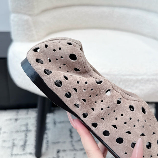 ALAIA 26S FLAT SLIP-ONS IN NUDE PINK SUEDE WITH OPENWORK PATTERN