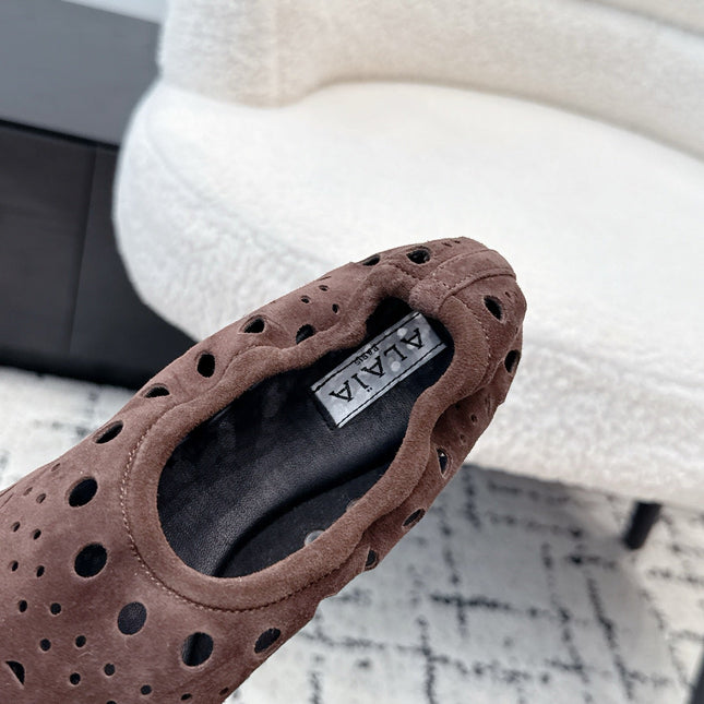 ALAIA 26S FLAT SLIP-ONS IN DARK BROWN SUEDE WITH OPENWORK PATTERN