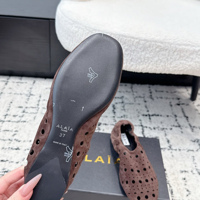 ALAIA 26S FLAT SLIP-ONS IN DARK BROWN SUEDE WITH OPENWORK PATTERN