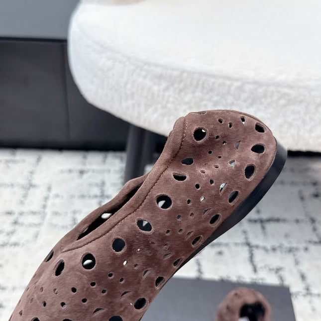 ALAIA 26S FLAT SLIP-ONS IN DARK BROWN SUEDE WITH OPENWORK PATTERN