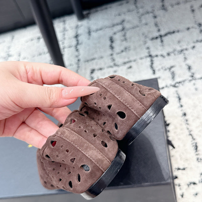 ALAIA 26S FLAT SLIP-ONS IN DARK BROWN SUEDE WITH OPENWORK PATTERN