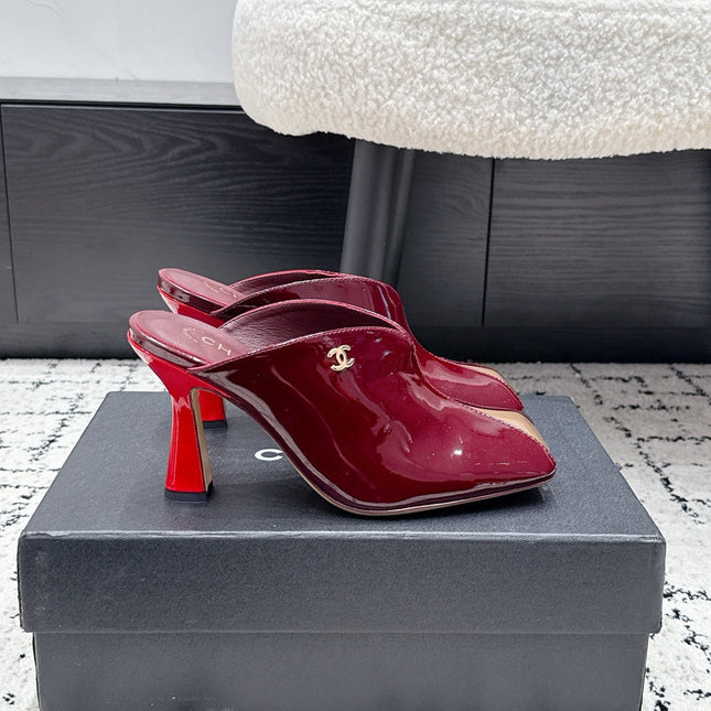 CHANEL 26S SQUARE-TOE HEELED MULES 95 MM IN MERLOT RED PATENT LAMBSKIN