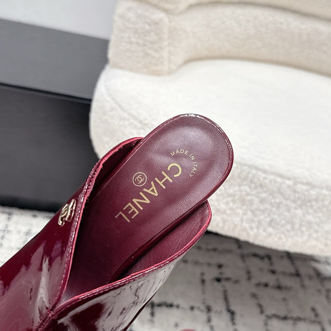 CHANEL 26S SQUARE-TOE HEELED MULES 95 MM IN MERLOT RED PATENT LAMBSKIN