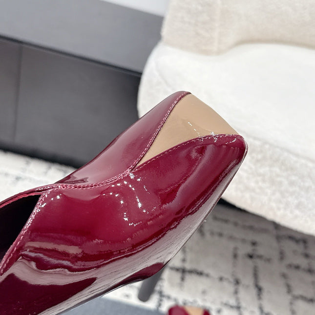 CHANEL 26S SQUARE-TOE HEELED MULES 95 MM IN MERLOT RED PATENT LAMBSKIN