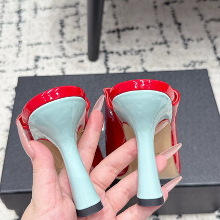 CHANEL 26S SQUARE-TOE HEELED MULES 95 MM IN CREAM MIX RED PATENT LAMBSKIN