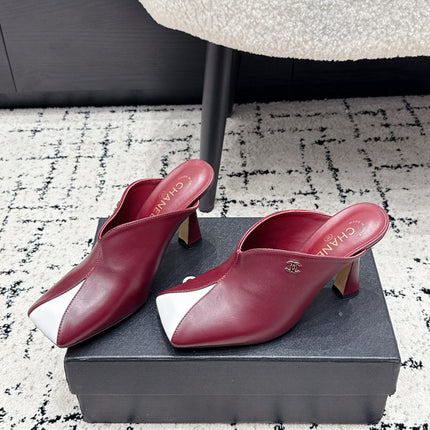 CHANEL 26S SQUARE-TOE HEELED MULES 95 MM IN RED MIX WHITE LAMBSKIN