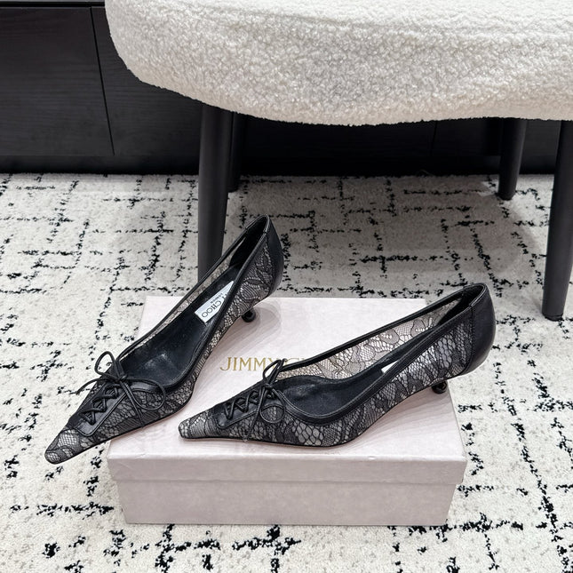 JIMMY CHOO 26S LACE-UP HIGH HEELS 45 MM IN BLACK LACE FABRIC