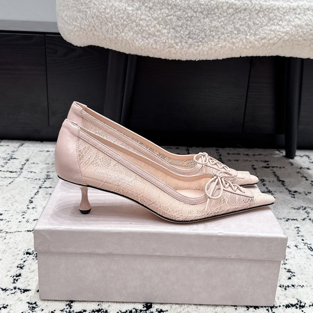JIMMY CHOO 26S LACE-UP HIGH HEELS 45 MM IN NUDE PINK LACE FABRIC