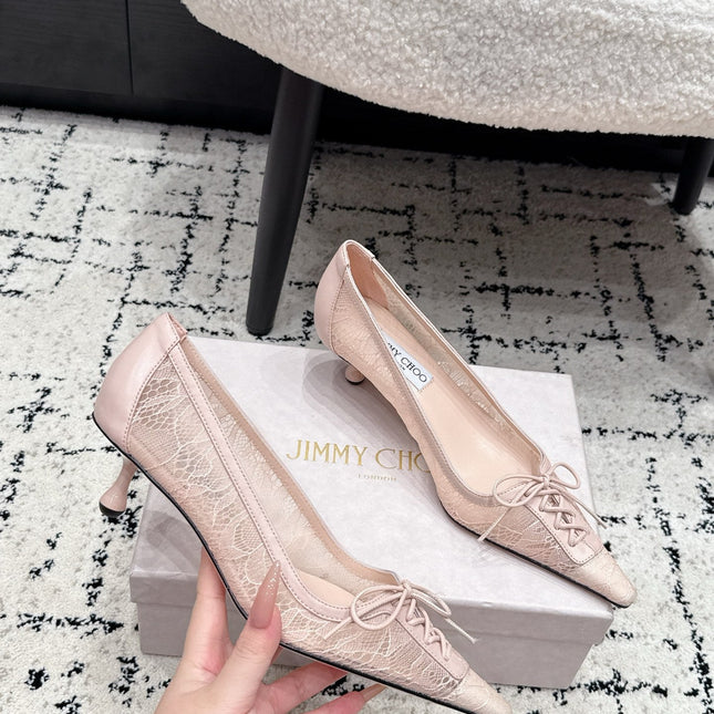 JIMMY CHOO 26S LACE-UP HIGH HEELS 45 MM IN NUDE PINK LACE FABRIC