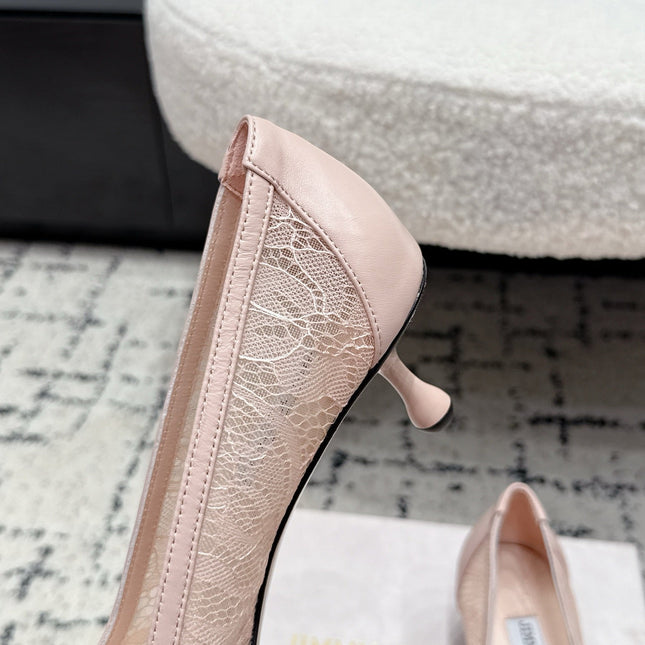 JIMMY CHOO 26S LACE-UP HIGH HEELS 45 MM IN NUDE PINK LACE FABRIC