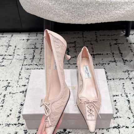 JIMMY CHOO 26S LACE-UP HIGH HEELS 45 MM IN NUDE PINK LACE FABRIC