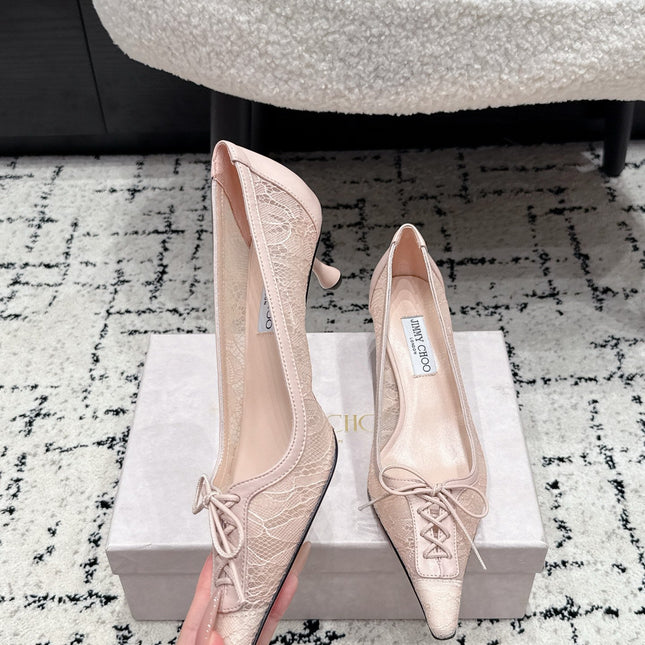 JIMMY CHOO 26S LACE-UP HIGH HEELS 45 MM IN NUDE PINK LACE FABRIC