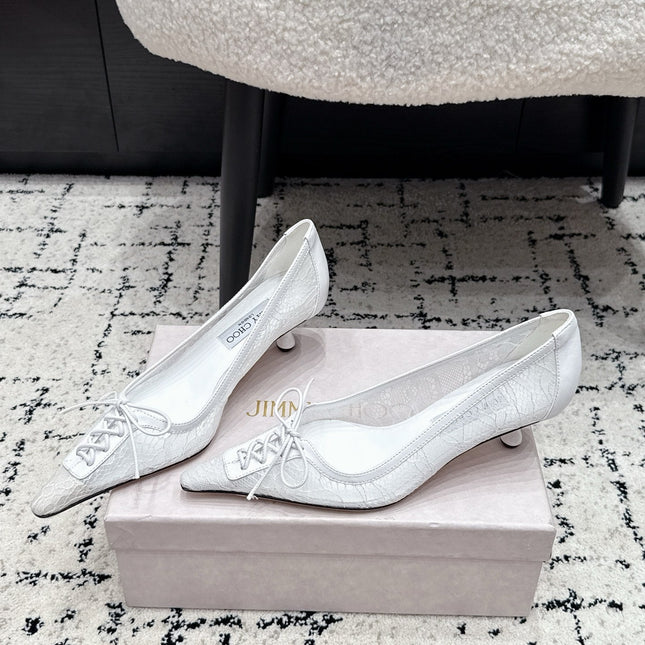 JIMMY CHOO 26S LACE-UP HIGH HEELS 45 MM IN WHITE LACE FABRIC