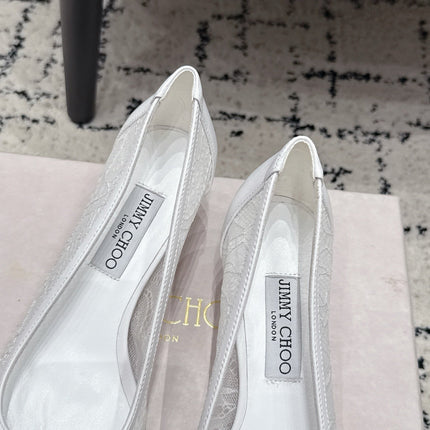 JIMMY CHOO 26S LACE-UP HIGH HEELS 45 MM IN WHITE LACE FABRIC