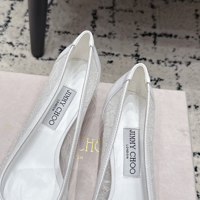 JIMMY CHOO 26S LACE-UP HIGH HEELS 45 MM IN WHITE LACE FABRIC