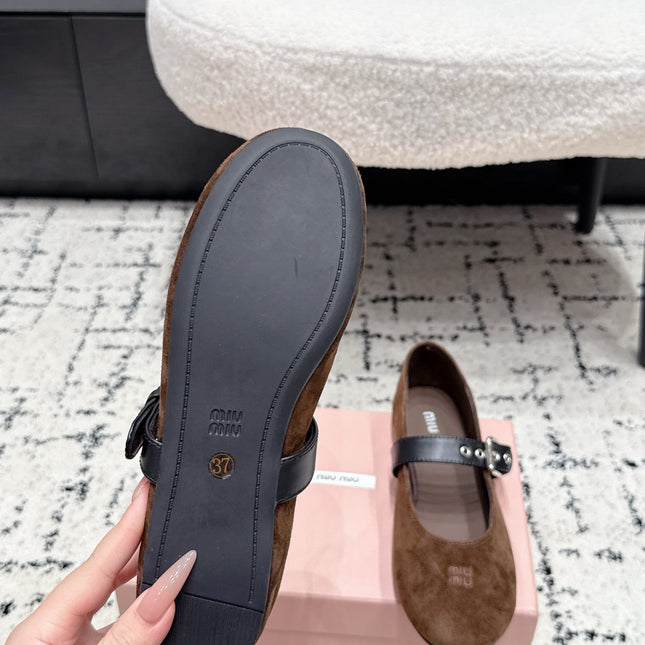 MIUMIU 26S BALLET FLATS IN DARK BROWN SUEDE