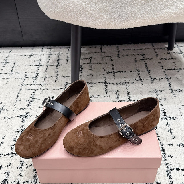 MIUMIU 26S BALLET FLATS IN DARK BROWN SUEDE