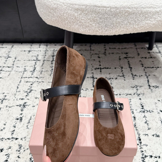 MIUMIU 26S BALLET FLATS IN DARK BROWN SUEDE