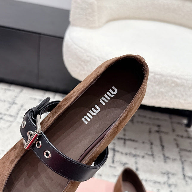 MIUMIU 26S BALLET FLATS IN DARK BROWN SUEDE