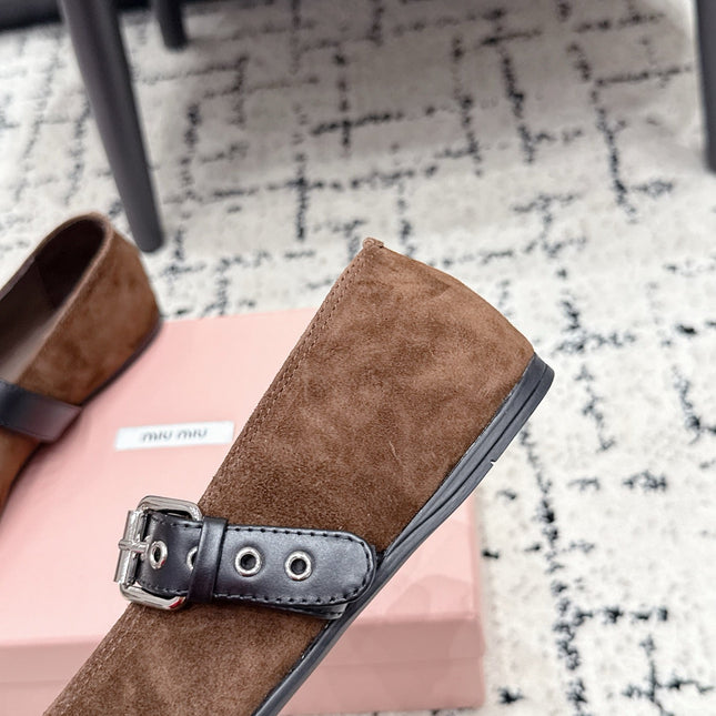 MIUMIU 26S BALLET FLATS IN DARK BROWN SUEDE