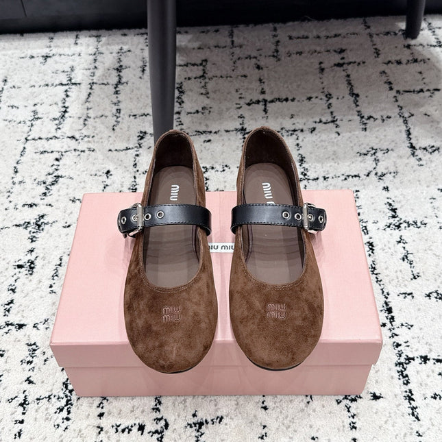 MIUMIU 26S BALLET FLATS IN DARK BROWN SUEDE
