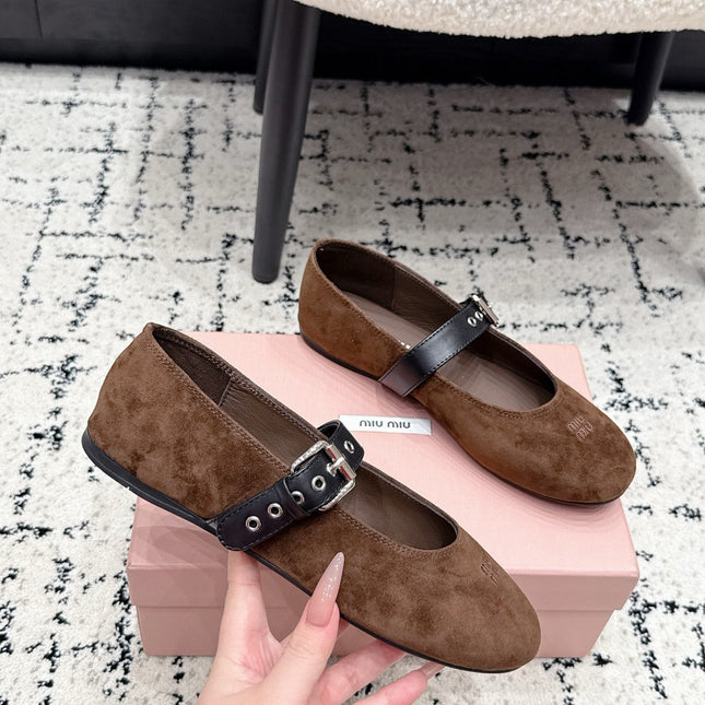MIUMIU 26S BALLET FLATS IN DARK BROWN SUEDE