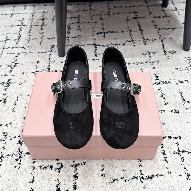 MIUMIU 26S BALLET FLATS IN BLACK SUEDE