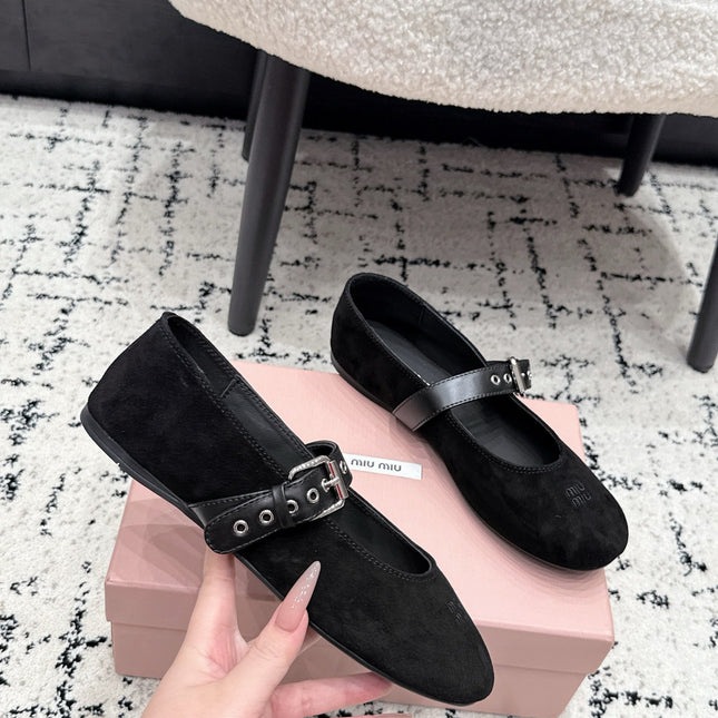 MIUMIU 26S BALLET FLATS IN BLACK SUEDE