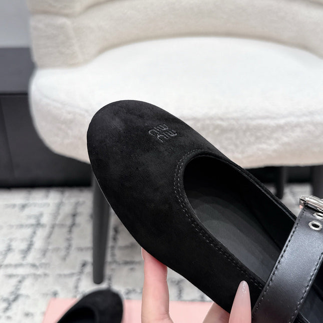 MIUMIU 26S BALLET FLATS IN BLACK SUEDE