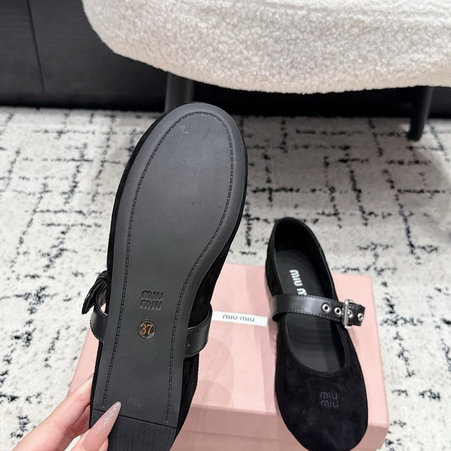 MIUMIU 26S BALLET FLATS IN BLACK SUEDE
